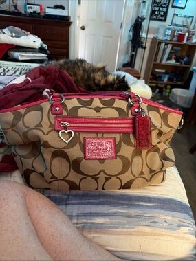 Coach Brown Signature Canvas Shoulder Bag with Pink Trim y2k with dust bag